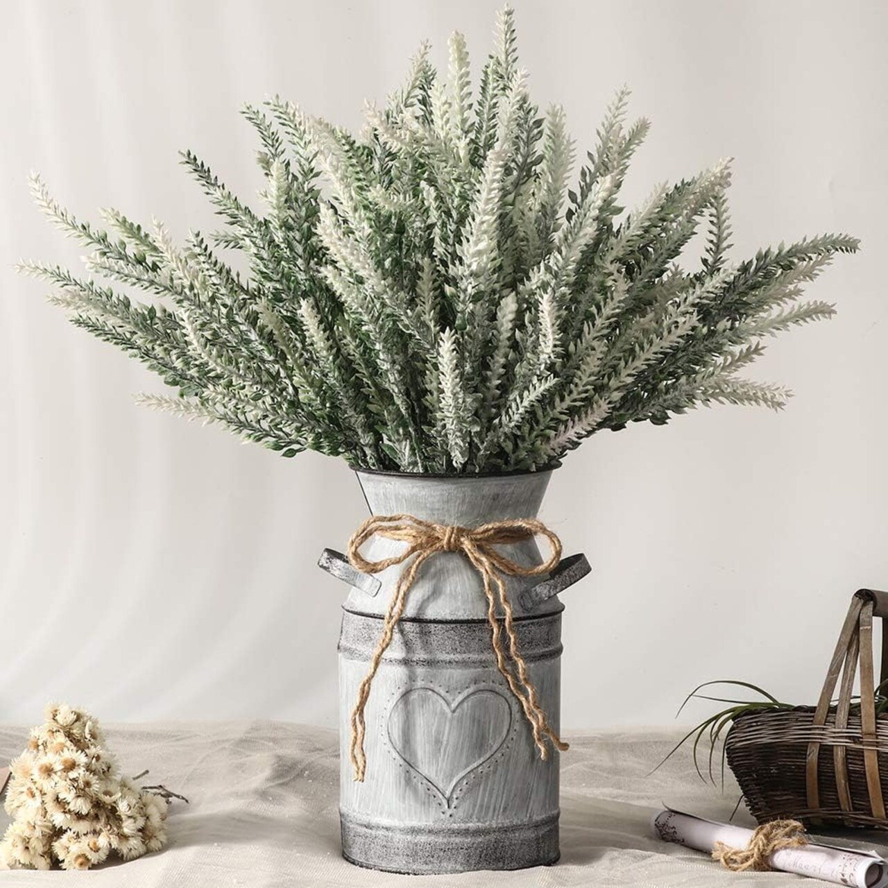 Rustic Artificial Lavender in Metal Vase – Vintage Farmhouse Décor for Home & Office